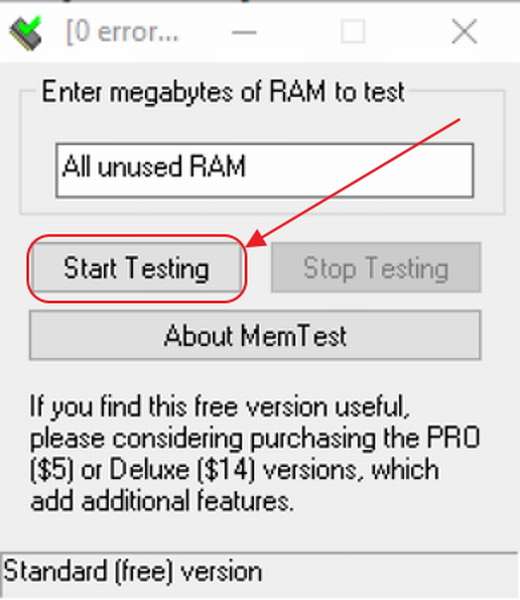 Кнопка Start Testing в окне утилиты Memtest