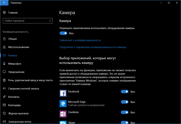 Папка «Конфиденциальность» в «Параметрах Windows»