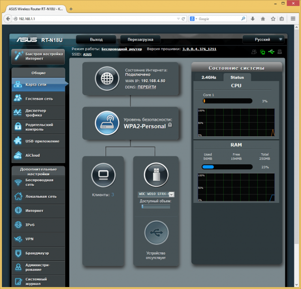 Главное окно веб-интерфейса роутеров Asus RT