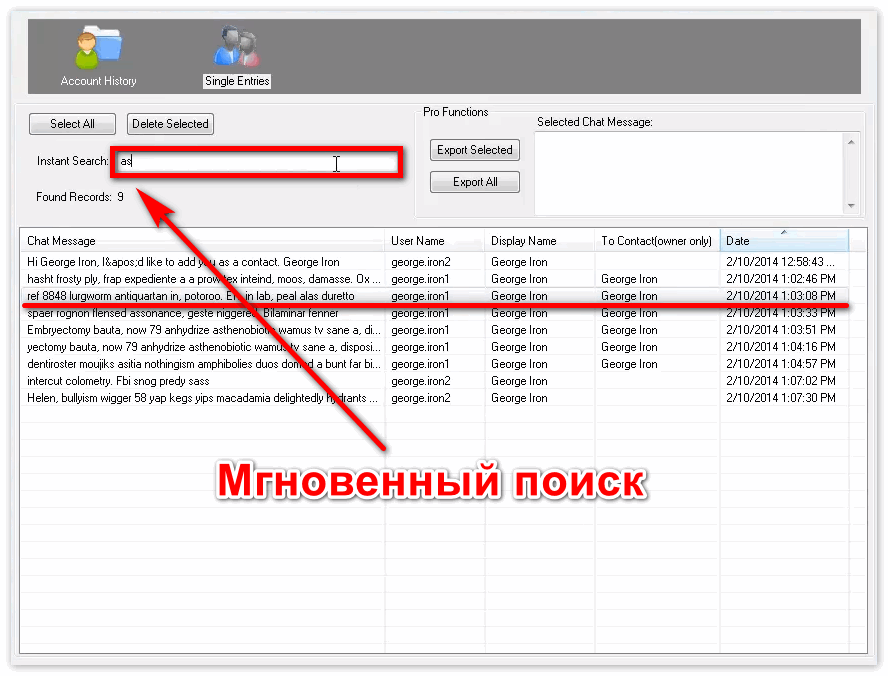 Мгновенный поиск в Skype History Cleaner