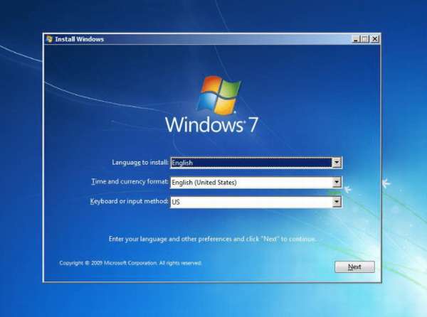 выбор языка установки windows 7