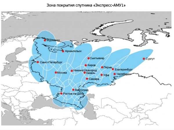 Область зоны покрытия спутника «Экспресс-АМУ1»