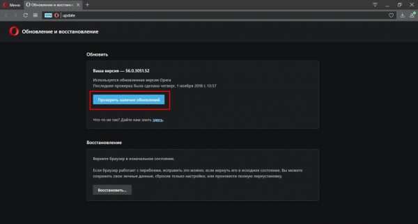 Проверка наличия обновлений Opera через меню настроек