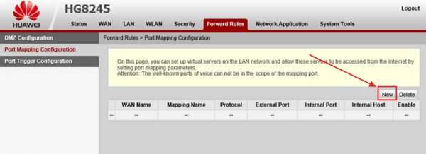 Окно вкладки Port Mapping Configuration