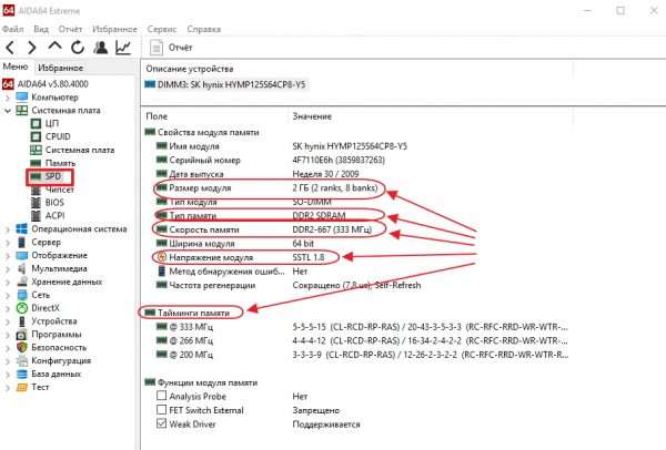 Характеристики модуля памяти в программе AIDA64