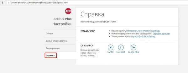 Панель настроек Adblock Plus (категория «Справка»)