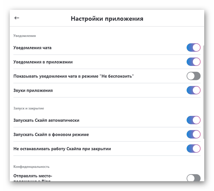 Настройки уведомлений, запуска и конфиденциальности Skype