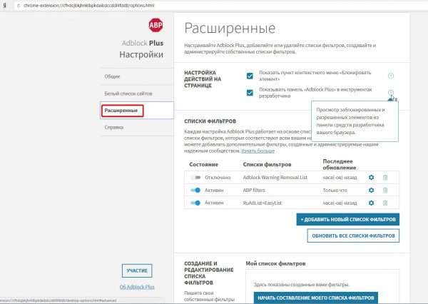 Панель настроек Adblock Plus (категория «Расширенные»)