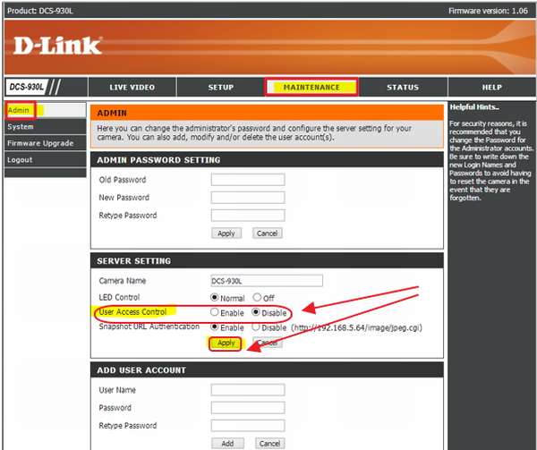 Настройка доступа к видеопотокам на IP-камере DCS-930L