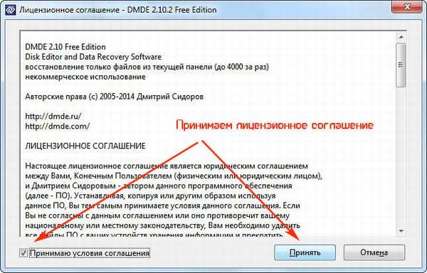 Принимаем условия лицензии DMDE
