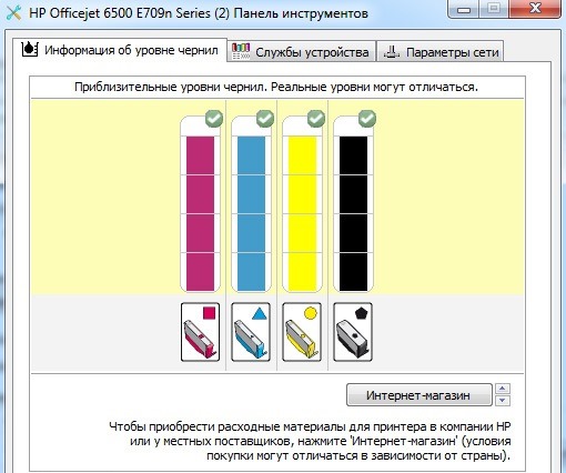 Индикаторы оставшегося уровня чернил в принтер